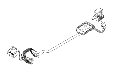 Wiązka przewodów podkaszarki Husqvarna 520iLX z czarnymi i szarymi przewodami na jasnej powierzchni, z widocznymi złączami oraz panelem sterującym z czterema przyciskami.