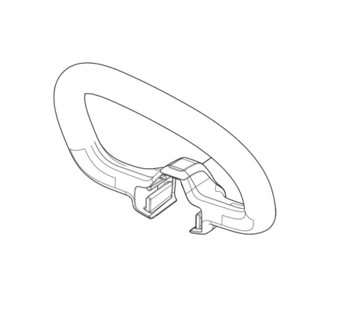 Uchwyt przedni podkaszarki 215iL Husqvarna z ergonomiczną formą, wykonany z tworzywa sztucznego. Ujęcie z boku, ukazuje kształt o zaokrąglonych krawędziach oraz mechanizm mocujący. Widoczne logo Husqvarna w prostym, białym tle.