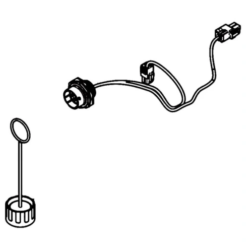 Kabel p3 do robota koszącego CEORA 544 EPOS Husqvarna. Okrągła wtyczka z dwoma złączami, prowadząca do smukłego kabla. Widoczny element mocujący w postaci klosza. Całość na białym tle, prezentująca szczegóły konstrukcyjne.