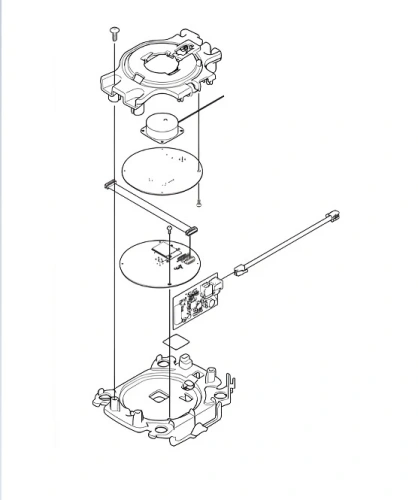 Płyta główna modułu RTK robota Automower 520 EPOS Husqvarna w układzie pionowym z obudową, okrągłymi tarczami i płytką elektroniczną ze złączami na neutralnym tle.