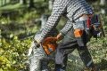 Pilarka Husqvarna 450S trzymana przez użytkownika w odzieży roboczej. Widoczny pomarańczowy silnik, metalowa prowadnica z logo i opadające drobne kawałki drewna na tle liści i drzew.