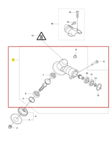 Przekładnia do podkaszarki Husqvarna 525iLXT z elementami montażowymi i mechanicznymi, w zbliżeniu. Widoczne uszczelki, głowica z przyłączem oraz diagram z numeracją części na białym tle.