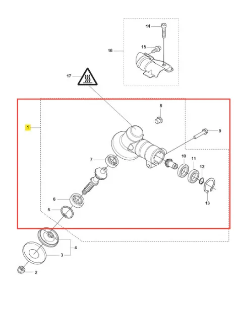 Przekładnia do podkaszarki Husqvarna 525iLXT z elementami montażowymi i mechanicznymi, w zbliżeniu. Widoczne uszczelki, głowica z przyłączem oraz diagram z numeracją części na białym tle.