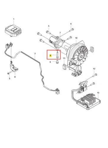 Śruba podkaszarki Husqvarna 525iLXT, metalowa, z gwintem, umieszczona w diagramie śrubowym. Zbliżenie na element, pokazujący kształt i połączenie z częściami silnika, na tle schematu z oznaczeniami. Widoczne mocowania i numery części.