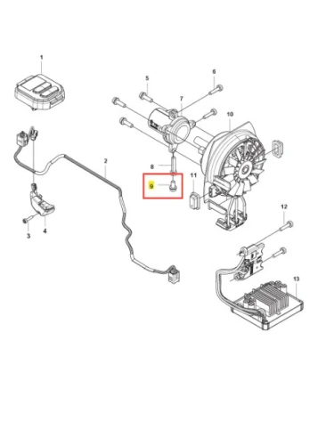 Śruba do podkaszarki Husqvarna 525iLXT, metaliczna, sześciokątna głowa i gwint, widoczna z boku na rysunku technicznym. W zestawie różne części zamienne.