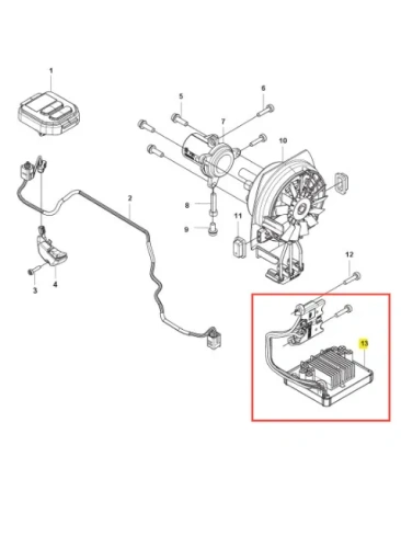 Schemat elektryczny dźwigni podkaszarki Husqvarna 525iLXT z elementami elektronicznymi, przewodami, zaciskami oraz oznaczonym blokiem sterującym dla łatwego montażu.