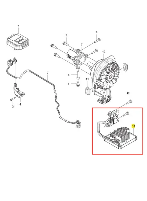 Schemat elektryczny dźwigni podkaszarki Husqvarna 525iLXT z elementami elektronicznymi, przewodami, zaciskami oraz oznaczonym blokiem sterującym dla łatwego montażu.