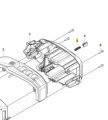 Sprężyna podkaszarki Husqvarna 525iLXT, widok z boku, pokazujący wewnętrzną strukturę obudowy. Elementy wyposażenia ukazane w detalach, z wyraźnymi oznaczeniami numerów. Jasne tło wspiera wizualizację cech produktu oraz jego budowy.