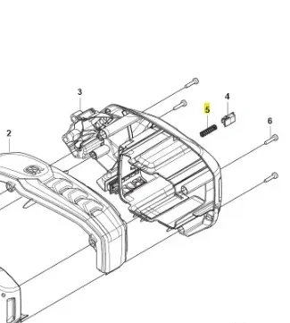 Sprężyna podkaszarki Husqvarna 525iLXT, widok z boku, pokazujący wewnętrzną strukturę obudowy. Elementy wyposażenia ukazane w detalach, z wyraźnymi oznaczeniami numerów. Jasne tło wspiera wizualizację cech produktu oraz jego budowy.
