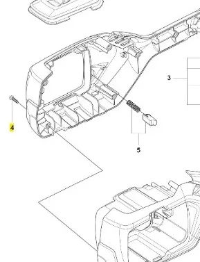 Śruba podkaszarki 215iL Husqvarna, metalowa, w kolorze czarnym, z wkrętem. Widoczna z boku w kontekście elementów podkaszarki, na białym tle. Detal na obudowie pozwala na łatwe mocowanie, idealna dla użytkowników urządzenia.