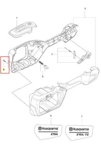 Śruba podkaszarki Husqvarna 215iL, widok boczny na schemacie. Metalowy prostokątny element z gwintem, przeznaczony do montażu, zaznaczony na planie urządzenia.