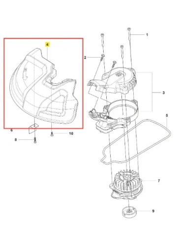 Szara osłona podkaszarki Husqvarna 215iL z widoczną strzałką kierunkową, chroniąca przedłużacz. Widok z boku eksponuje kształt, mocowania i detale konstrukcyjne z numerami części.