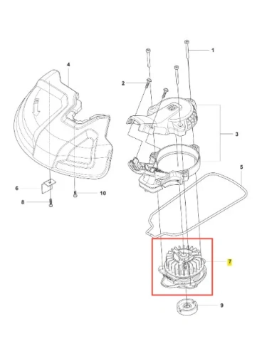 Zespół silnika podkaszarki Husqvarna 215iL, widok od góry. Elementy w plastikowej obudowie, główny detal z wirnikiem, oznaczony na czerwono. W komplecie widoczne są mocowania oraz śruby. Tło proste, białe. Bez dodatkowych napisów lub logo.