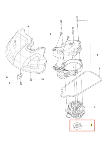 Element odległościowy podkaszarki Husqvarna 215iL, szary, widok z boku na okrągły detal z mocowaniami, na białym tle. Niezmontowany, służy do precyzyjnego ustawienia odległości podkaszarki.