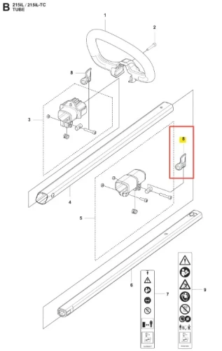Dźwignia podkaszarki Husqvarna 215iL, wykonana z metalu, w kolorze czarnym. Widoczna z boku, w pozycji poziomej. Zarysowany detal mocowania. Na spodzie widoczne symbole instrukcji obsługi i ostrzeżenia. Bez dodatków, na jasnym tle.