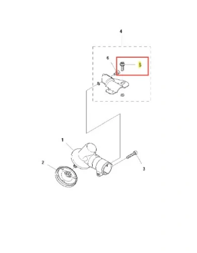 Śruba podkaszarki 128LDX Husqvarna, metaliczna, prostokątna, z widocznym gwintem, umieszczona w obrysie schematu. Obraz na białym tle prezentuje podczas montażu elementy podkaszarki. Układ prosty, umożliwiający zrozumienie miejsca montażu.