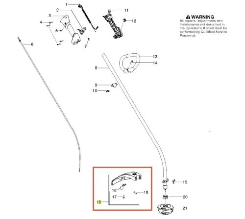 Osłona podkaszarki 128C Husqvarna w kolorze czarnym, wykonana z tworzywa sztucznego. Ukazana z boku, zamontowana na urządzeniu. W widocznym detalu logo Husqvarna oraz mocowanie w kształcie łuku. Proste tło, podkreślające kształt elementu.
