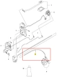 Schematic diagram showing parts of the Husqvarna 136LiC trimmer, highlighting a curved cable (B) connected to the handle and motor assembly. The illustration contains component labels and connections, presented on a white background for clarity.