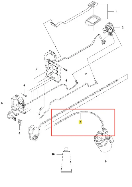 Schematic diagram showing parts of the Husqvarna 136LiC trimmer, highlighting a curved cable (B) connected to the handle and motor assembly. The illustration contains component labels and connections, presented on a white background for clarity.