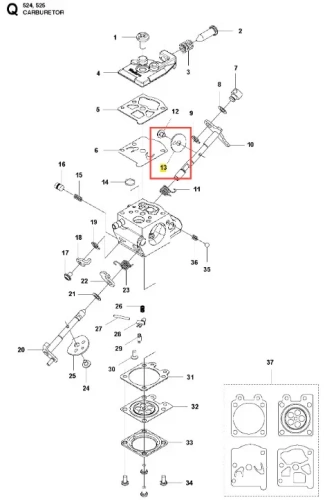 Metalowy zawór podkaszarki Husqvarna 525LK, okrągły z wycięciami, część 13, widoczny na białym tle w otoczeniu elementów karburatora, z wyraźnymi krawędziami, do montażu w urządzeniach Husqvarna.