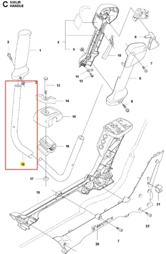 Drążek uchwytu podkaszarki 536LiR Husqvarna, zakrzywiony element w kolorze metalicznym, z wyraźnymi otworami na mocowania. Widoczny w widoku z góry, zamocowany w pozycji pionowej, otaczają inne elementy przeznaczone do montażu.