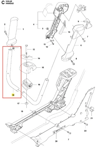 Drążek metalowy uchwytu podkaszarki 536LiR Husqvarna, szary, lekko zakrzywiony, ok. 50 cm, z otworami mocującymi i wyprofilowanym kształtem, widoczny z przodu.