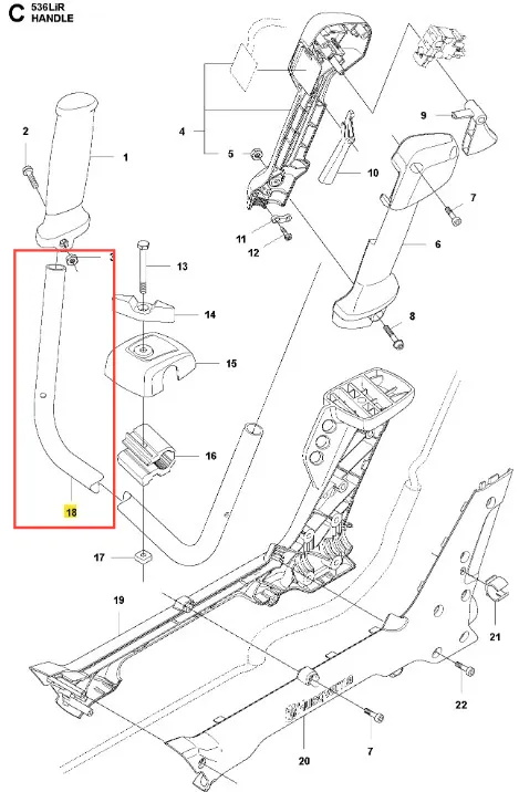 Drążek metalowy uchwytu podkaszarki 536LiR Husqvarna, szary, lekko zakrzywiony, ok. 50 cm, z otworami mocującymi i wyprofilowanym kształtem, widoczny z przodu.