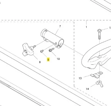 Śruba podkaszarki 122C Husqvarna, metalowa, cylindryczna, z widoczną nitką. Umieszczona w pozycji poziomej, z widocznymi detalami mocującymi. Otoczenie to schemat montażu z innymi elementami. Na rysunku zaznaczone numery części.