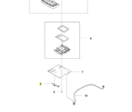 Schemat instalacji elektrycznej robota koszącego Automower 310E NERA Husqvarna. Widać części w układzie: kabel, płyta montażowa oraz elementy połączeniowe. Tło proste, białe, a szczegóły wyraźne, ułatwiające identyfikację elementów.