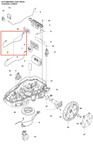 Zespół okablowania robota koszącego Automower 310E Husqvarna, czarny przewód w kształcie litery S z tworzywa, widok z góry, złącza i numery części na białym tle.