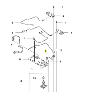 Zestaw kabli zasilających robota Husqvarna CEORA 544 EPOS, widok z góry. Układ rozłożony, zawiera różne wtyczki, kable i oznaczenia numeryczne na białym tle dla lepszej widoczności.