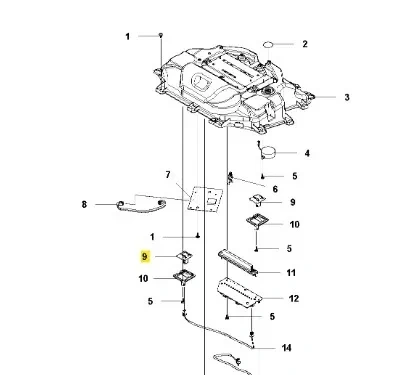 Czujnik magnetyczny robota koszącego CEORA 544 EPOS Husqvarna, widok z góry. Elementy assemblowane, w tym przewody i mocowania. Wyróżniający się element oznaczony numerem 9. Proste tło podkreślające szczegóły produktu.