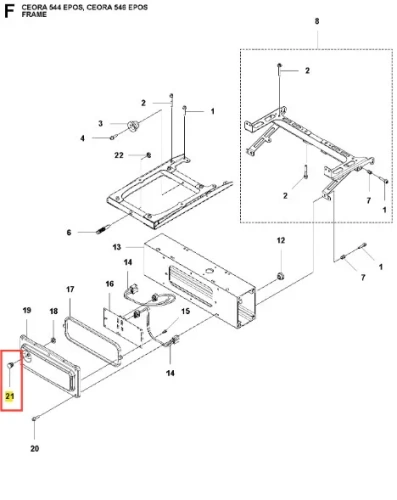 Korek robota koszącego CEORA 544 EPOS Husqvarna, metalowy element w kształcie prostokąta z wyciętymi otworami. Ułożony w poziomie, z wyraźnym oznaczeniem numeru 21. Tło białe, co podkreśla szczegóły i kontury korek.