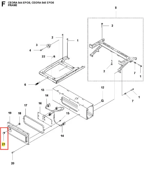Korek robota koszącego CEORA 544 EPOS Husqvarna, metalowy element w kształcie prostokąta z wyciętymi otworami. Ułożony w poziomie, z wyraźnym oznaczeniem numeru 21. Tło białe, co podkreśla szczegóły i kontury korek.