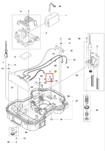 Sprężyna robota koszącego Automower 520 EPOS Husqvarna, wykonana z metalu, w kształcie cylindrycznym, widoczna w zbliżeniu. Element umieszczony na tle schematu części robota, z wyraźnymi numerami identyfikacyjnymi.