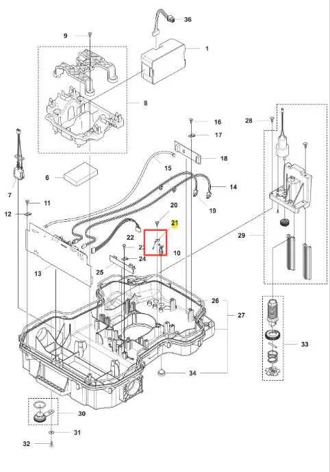 Sprężyna robota koszącego Automower 520 EPOS Husqvarna, wykonana z metalu, w kształcie cylindrycznym, widoczna w zbliżeniu. Element umieszczony na tle schematu części robota, z wyraźnymi numerami identyfikacyjnymi.