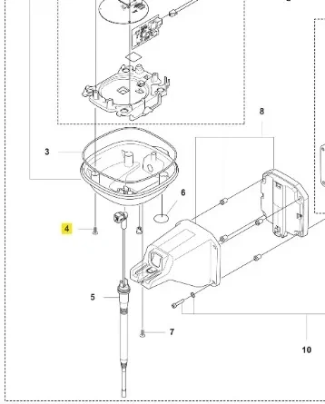 Śruba epdm do robota koszącego Automower 520 EPOS Husqvarna, widoczna z boku, leżąca poziomo. Element metalowy z gwintem, pokryty elastomerem, o zaokrąglonym końcu. Współpracuje z innymi częściami wchodzącymi w skład urządzenia.