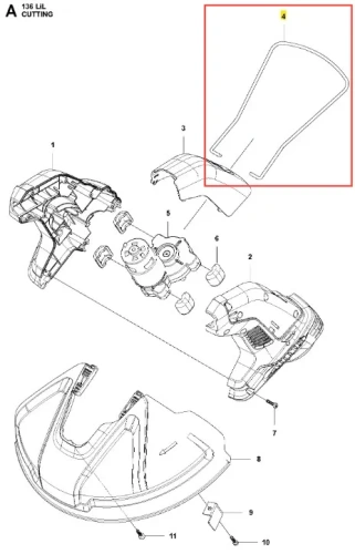 Czarny plastikowy pierścień podkaszarki Husqvarna 136LiL z gładką powierzchnią i zaokrąglonym brzegiem. Metaliczny panel z elementami mocującymi i nr katalogowymi na białym tle podkreśla detale produktu.