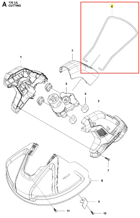 Czarny plastikowy pierścień podkaszarki Husqvarna 136LiL z gładką powierzchnią i zaokrąglonym brzegiem. Metaliczny panel z elementami mocującymi i nr katalogowymi na białym tle podkreśla detale produktu.