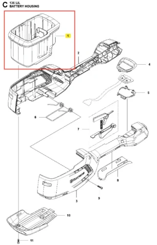 Bateria podkaszarki 136LiL Husqvarna, czarny uchwyt z przezroczystym wykończeniem i wycięciem, ułatwiającym montaż akumulatora, widoczny z boku na białym tle.