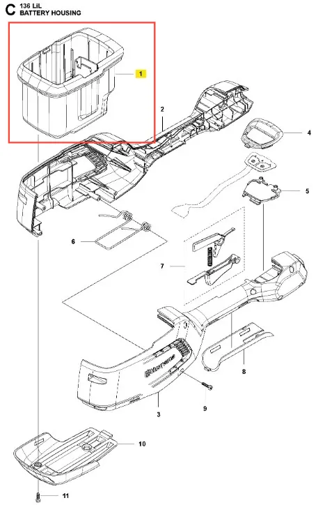 Bateria podkaszarki 136LiL Husqvarna, czarny uchwyt z przezroczystym wykończeniem i wycięciem, ułatwiającym montaż akumulatora, widoczny z boku na białym tle.
