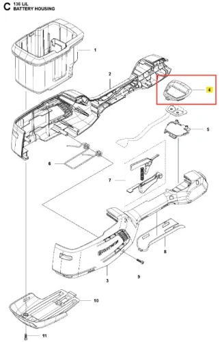 Panel podkaszarki Husqvarna 136LiL, czarny prostokątny element z tworzywa, z logo i mocowaniami, widok z góry na białym tle pokazujący detale i wymiary.
