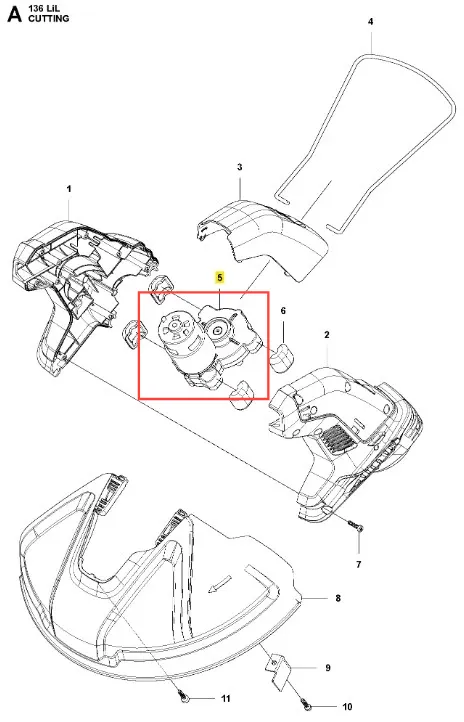 Przekładnia do podkaszarki Husqvarna 136LiL, metalowa, o okrągłym kształcie z widocznymi zębami. Ujęcie z góry, ukazuje detale konstrukcyjne. Elementy montażowe w białym tle, brak dodatkowych akcesoriów.