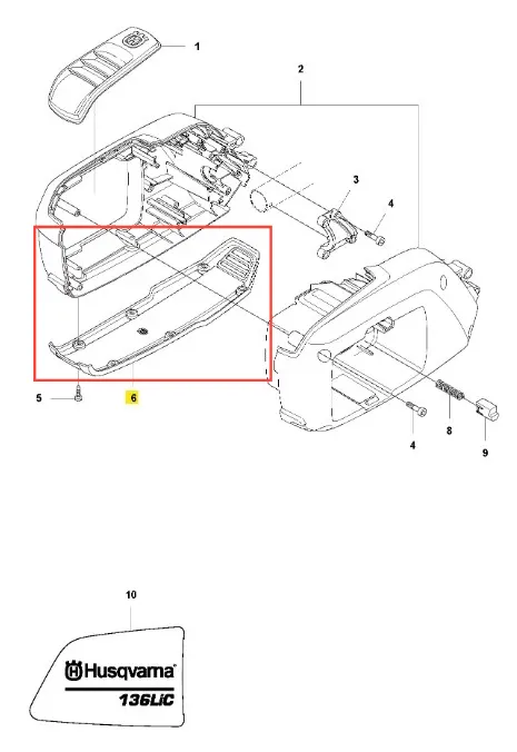 Płytka podkaszarki Husqvarna 136LiC, prostokątna, z ciemnoszarego tworzywa, z wypustkami dla lepszego chwytu i wentylacji, leży poziomo. Na boku logo Husqvarna i oznaczenie modelu 136LiC.