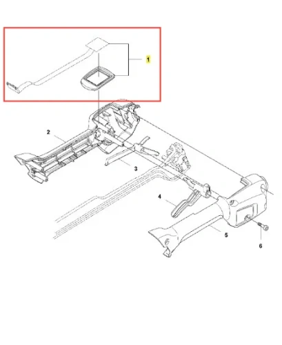 Panel sterujący podkaszarki Husqvarna 136LiC, czarny, prostokątny, z tworzywa. Widok z góry pokazuje przyciski, logo i fragment innych komponentów sprzętu.