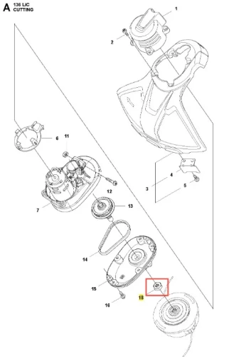 Nakrętka podkaszarki 136LiC Husqvarna, metalowa, w kolorze srebrnym. Uchwyty widoczne na złożonym fragmencie. Ujęcie z boku, ukazujące detale oraz mocowania, na tle technicznym diagramu z innymi częściami.
