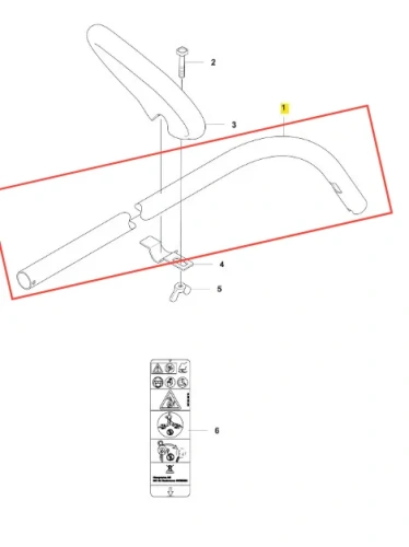 Rura podkaszarki Husqvarna 136LiC o ergonomicznym kształcie, w kolorze metalicznym z zielonymi akcentami. Górna część z uchwytem i mocowaniem, dolna z giętym końcem do koszenia. Widoczny schemat montażu oraz instrukcje bezpieczeństwa w tle.