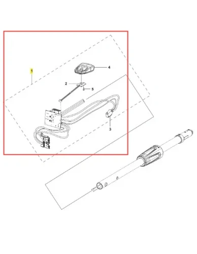 Układ scalony podkaszarki 110iL FLXi Husqvarna, w zbliżeniu na elementy instalacji. Widoczny moduł z kostką elektryczną, przewodem oraz gniazdem. Na tle schematu w kolorze białym, jasno przedstawione detale i położenie elementów.