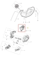 Silnik podkaszarki Husqvarna 110iL FLXi z widocznym mechanizmem, metalicznymi mocowaniami, częściami i śrubami na białym tle podkreślającym detale.