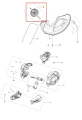 Koło kompletne edger podkaszarki 110iL FLXi Husqvarna, okrągłe, z widocznym uzbrojeniem. Ujęcie z góry, umieszczone na neutralnym tle. Tekstura gładka, materiał plastikowy. Widoczne elementy montażowe, wymiary nieczytelne.